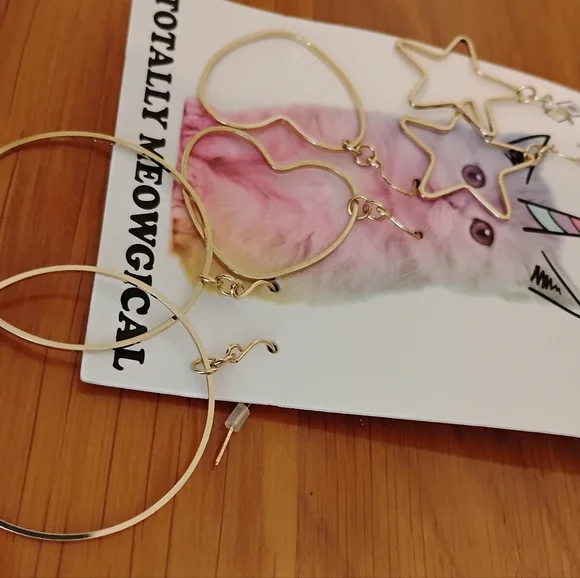 Women's Earrings gold hoops set round star heart shaped pierced dangle - Picture 3 of 5